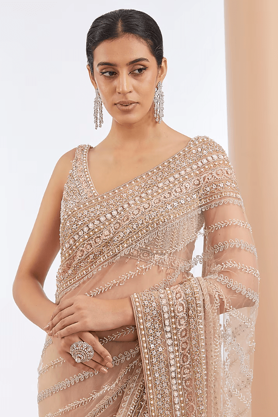 Peach Tulle Net & Crepe Hand Embroidered Saree Set - Image 4