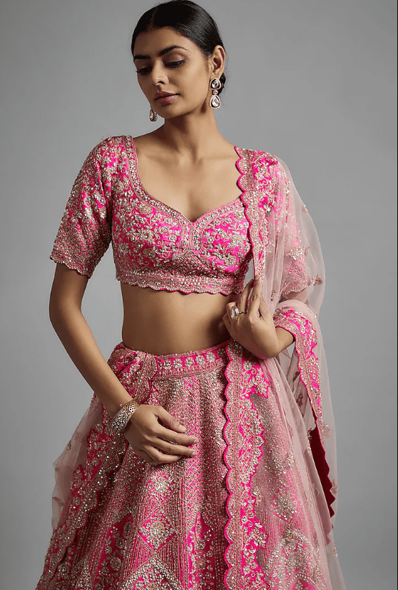 Pink Raw Silk Zardosi Hand & Machine Embroidered Lehenga Set - Image 4