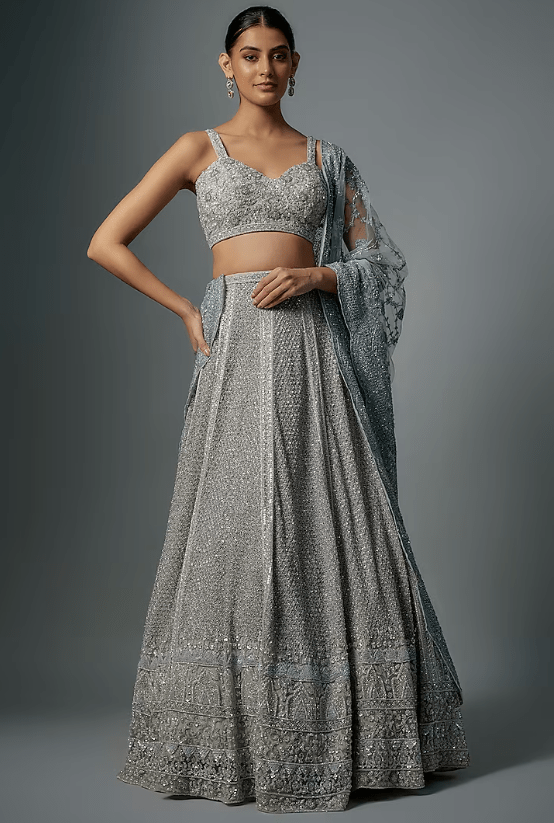 Grey Raw Silk Zardosi & Sequins Hand Embroidered Lehenga Set