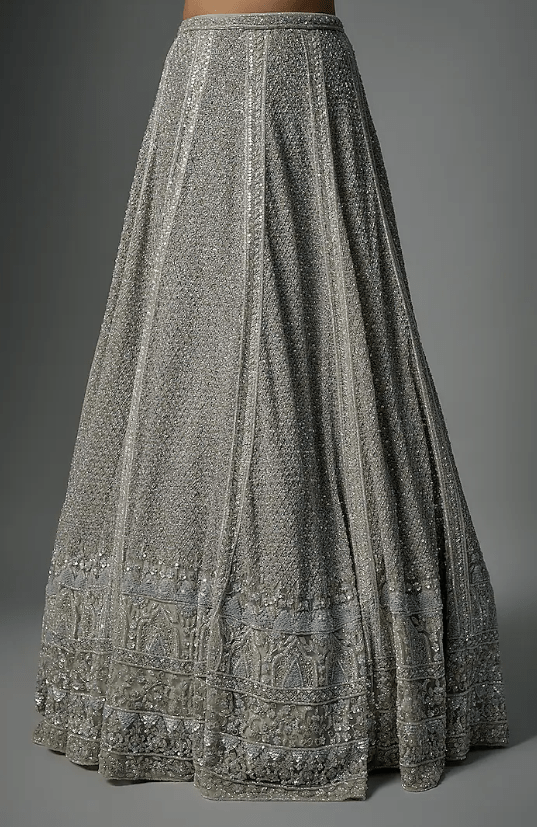 Grey Raw Silk Zardosi & Sequins Hand Embroidered Lehenga Set - Image 3