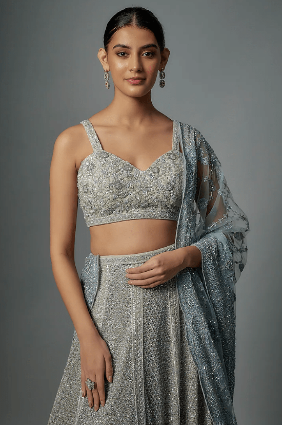 Grey Raw Silk Zardosi & Sequins Hand Embroidered Lehenga Set - Image 4