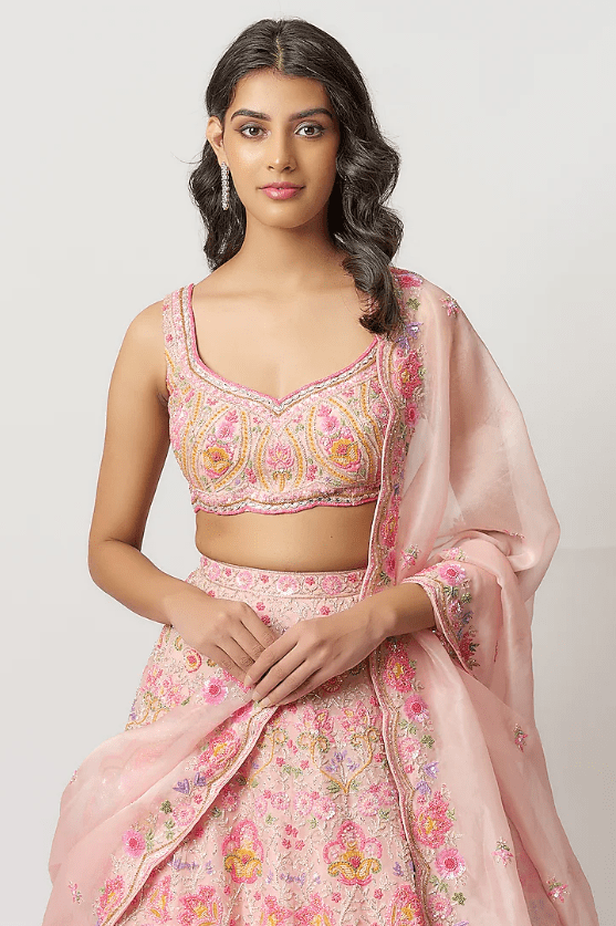 Rose Pink Organza Crystal Embroidered Lehenga Set - Image 4