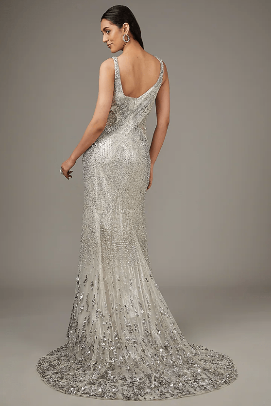 Silver Tulle Glass Bead Embroidered Gown  Lady Selection Inc