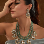 Black Rhodium Finish Moissanite Polki & Synthetic Emerald Stone Necklace Set In Sterling Silver