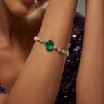 White Finish Swarovski Zircon & Green Synthetic Stone Bracelet In Sterling Silver