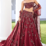 Dark Maroon Woven Net Tonal Embroidered Lehenga Set