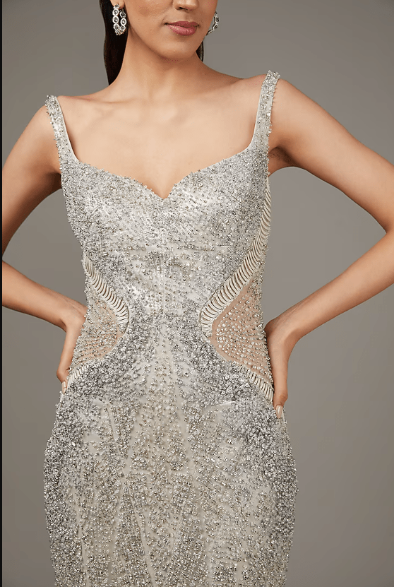 Silver Tulle Glass Bead Embroidered Gown  Lady Selection Inc