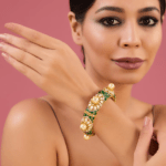 Gold Finish Moissanite Polki & Emerald Bangle In Sterling Silver