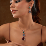 White Finish Zircon & Blue Sapphire Pendant Necklace Set In Sterling Silver