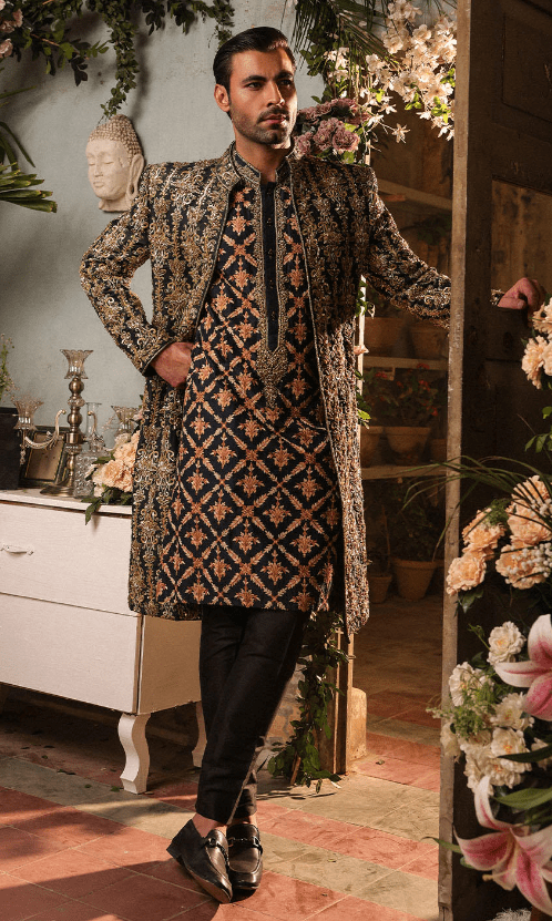 Black color sherwani with golden work