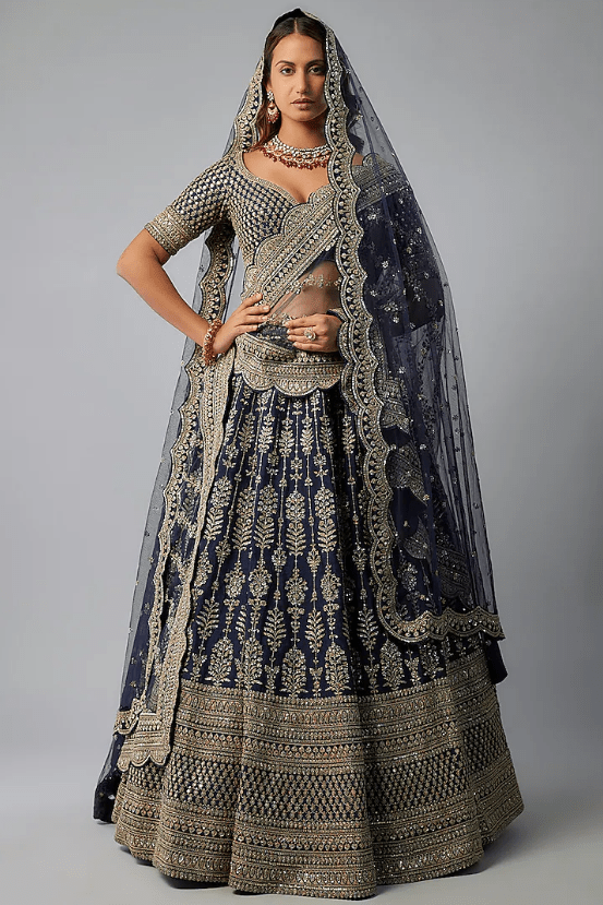 Navy Blue Raw Silk Zardosi Hand & Machine Embroidered Lehenga Set