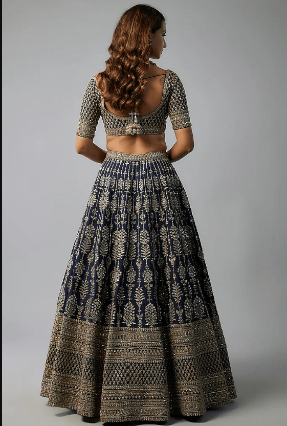 Navy Blue Raw Silk Zardosi Hand & Machine Embroidered Lehenga Set - Image 2