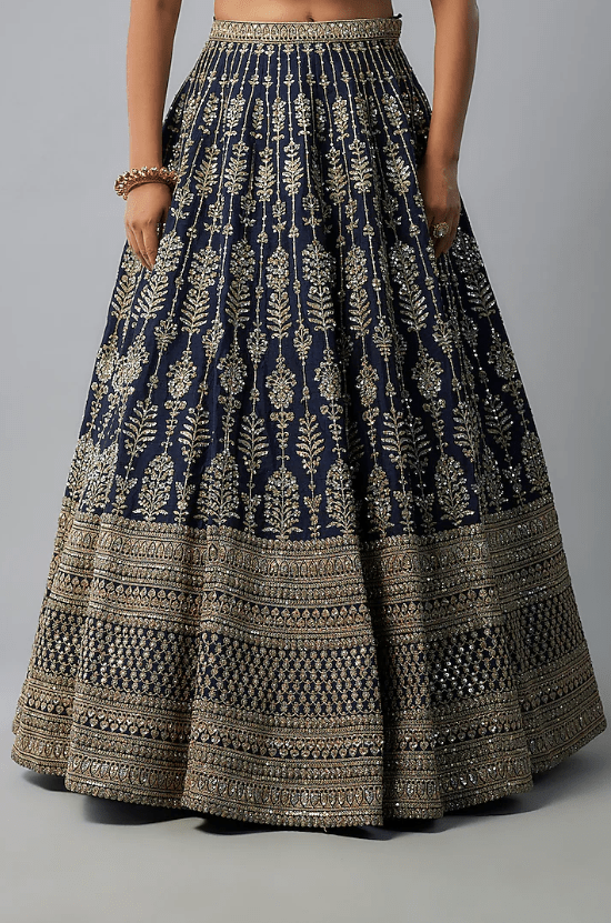 Navy Blue Raw Silk Zardosi Hand & Machine Embroidered Lehenga Set - Image 3