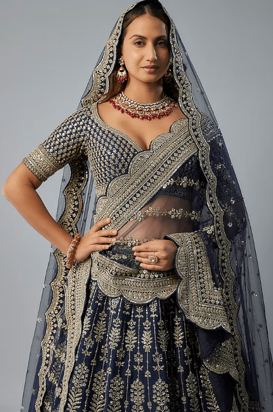 Navy Blue Raw Silk Zardosi Hand & Machine Embroidered Lehenga Set - Image 4