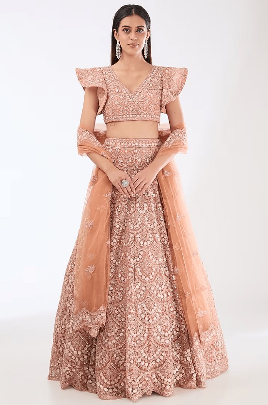 Peach Organza Sequins Embroidered Lehenga Set