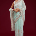 Aqua Blue Organza Crystal Embroidered Saree Set