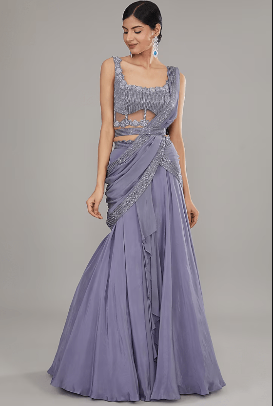 Purple Crepe Embroidered Draped Skirt Set