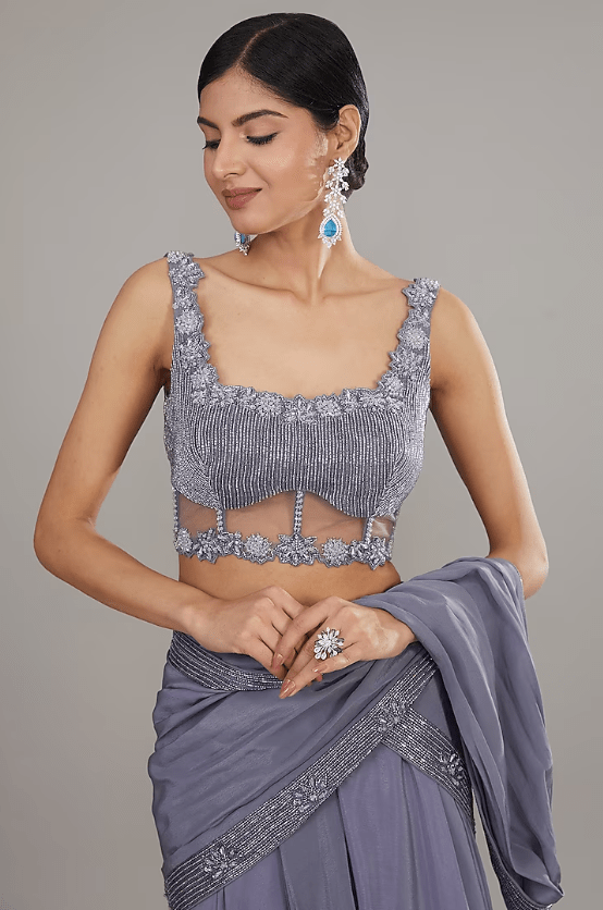 Purple Crepe Embroidered Draped Skirt Set - Image 3