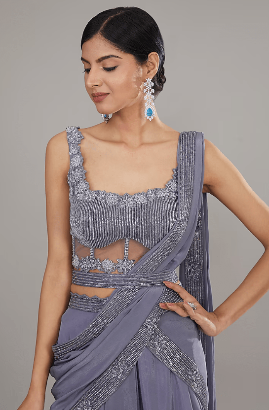Purple Crepe Embroidered Draped Skirt Set - Image 4