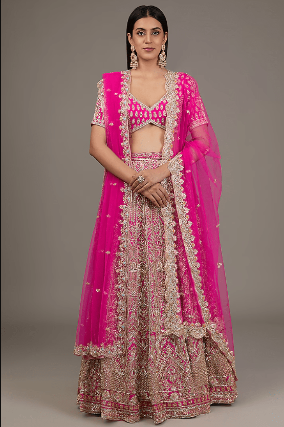 Fuchsia Pink Raw Silk Hand Embellished Lehenga Set