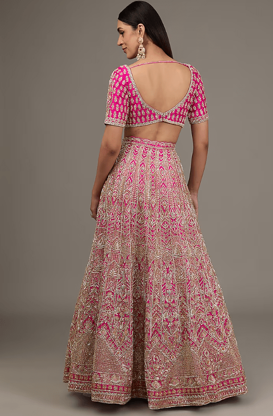 Fuchsia Pink Raw Silk Hand Embellished Lehenga Set - Image 2
