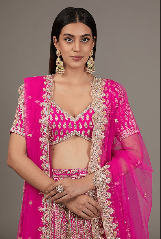 Fuchsia Pink Raw Silk Hand Embellished Lehenga Set - Image 4