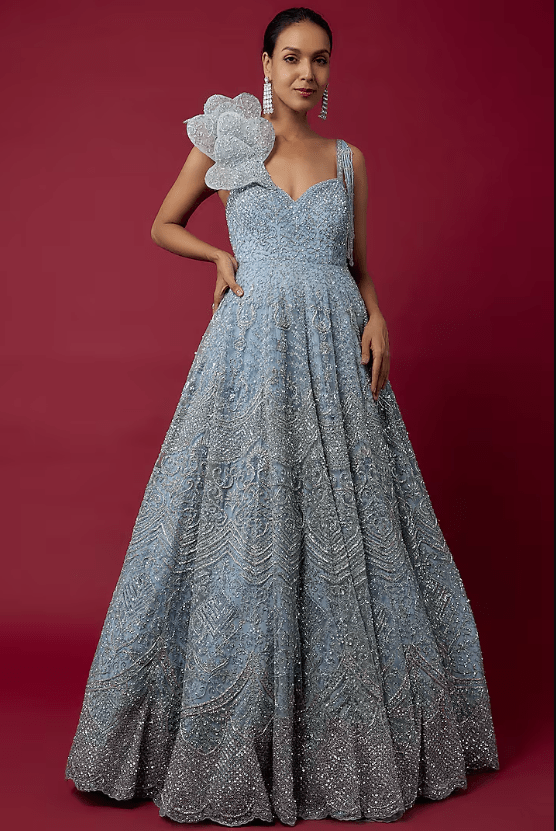 Ice Blue Organza Embroidered Gown