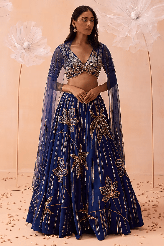 Blue Net Cutdana & Floral Hand Embroidered Lehenga Set