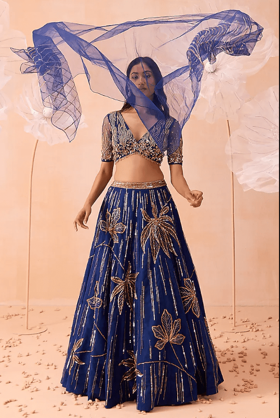 Blue Net Cutdana & Floral Hand Embroidered Lehenga Set - Image 4