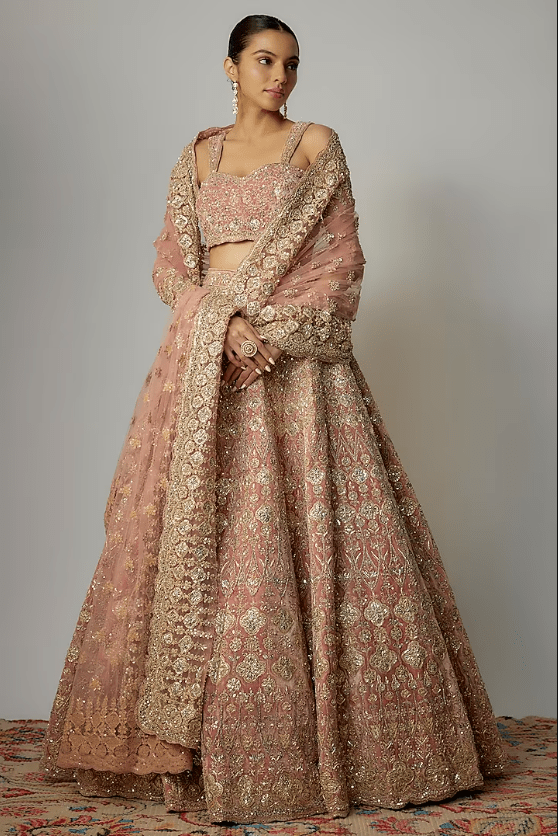 Pink Velvet Sequins Hand Embellished Lehenga Set