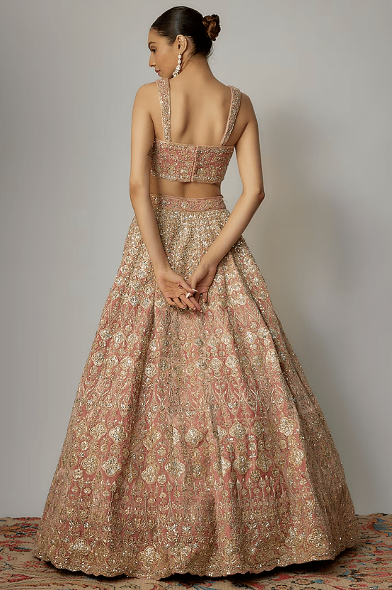 Pink Velvet Sequins Hand Embellished Lehenga Set - Image 2