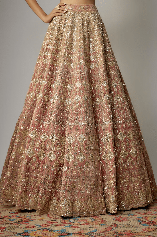 Pink Velvet Sequins Hand Embellished Lehenga Set - Image 3