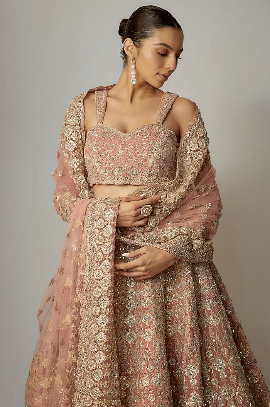 Pink Velvet Sequins Hand Embellished Lehenga Set - Image 4