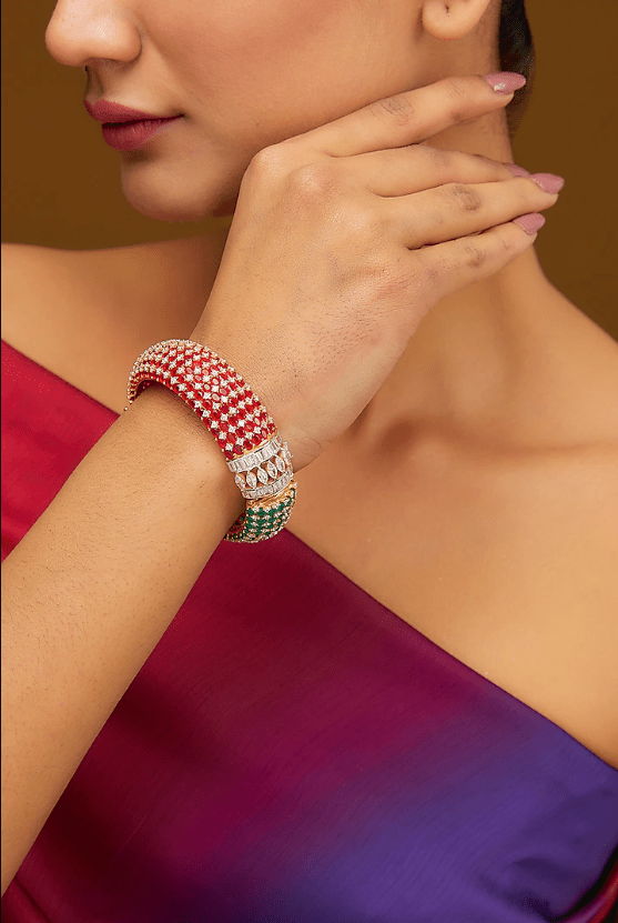 Two-Tone Finish CZ & Synthetic Stone Bangle In Sterling Silver