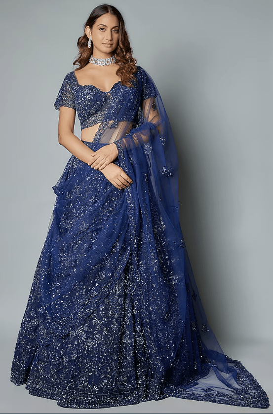 Blue Net Machine & Hand Embroidered Lehenga Set