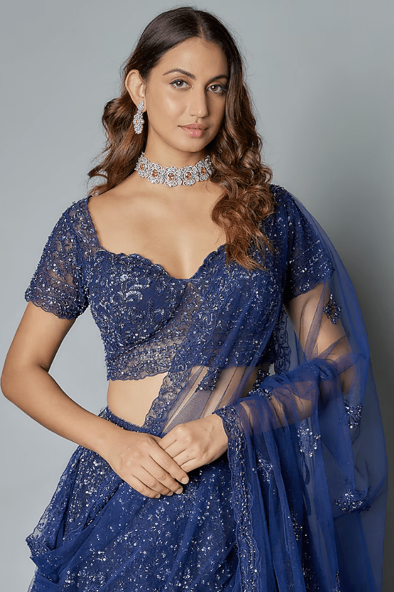 Blue Net Machine & Hand Embroidered Lehenga Set - Image 4