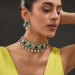 Black Rhodium Finish Emerald & Moissanite Polki Choker Necklace Set In Sterling Silver