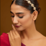 Gold Finish Moissanite Polki & Freshwater Pearl Mathapatti In Sterling Silver