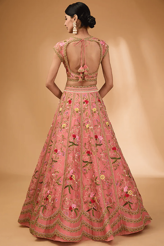 Coral Organza Thread Hand Embroidered Lehenga Set - Image 2