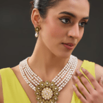 Black Rhodium Finish Moissanite Polki & Freshwater Pearl Necklace Set In Sterling Silver