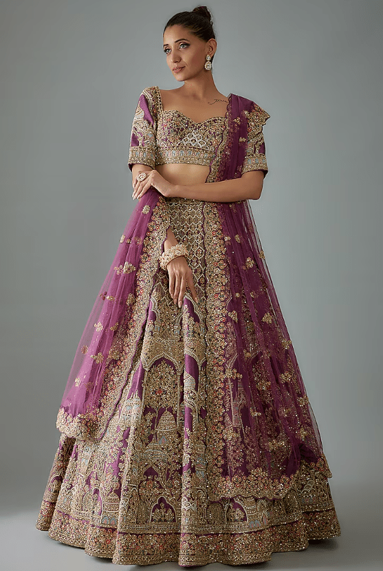 Purple Raw Silk Hand Embroidered Lehenga Set