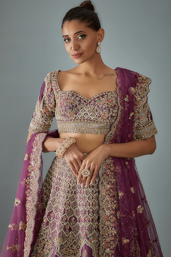 Purple Raw Silk Hand Embroidered Lehenga Set - Image 4