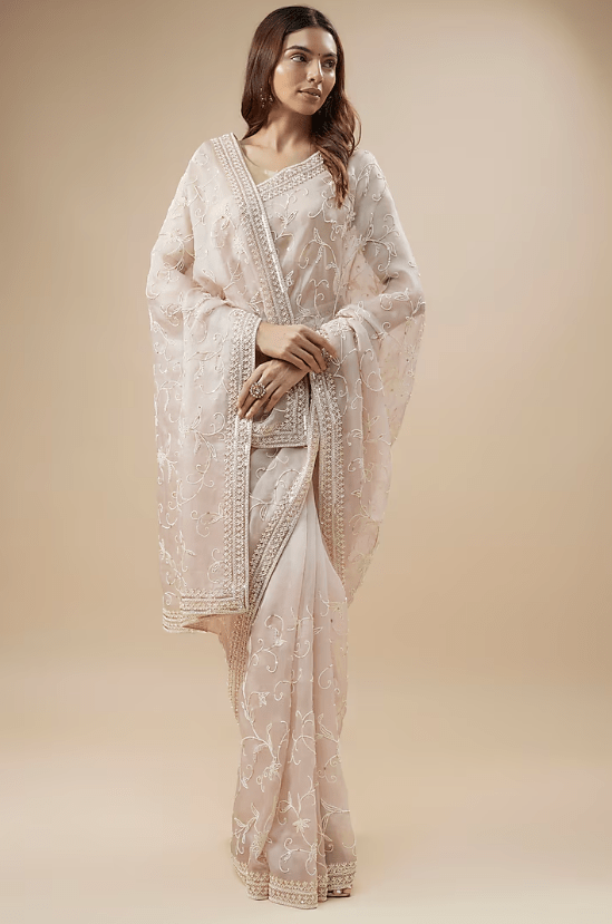 Powder Pink Organza Pearl Hand Embroidered Saree Set