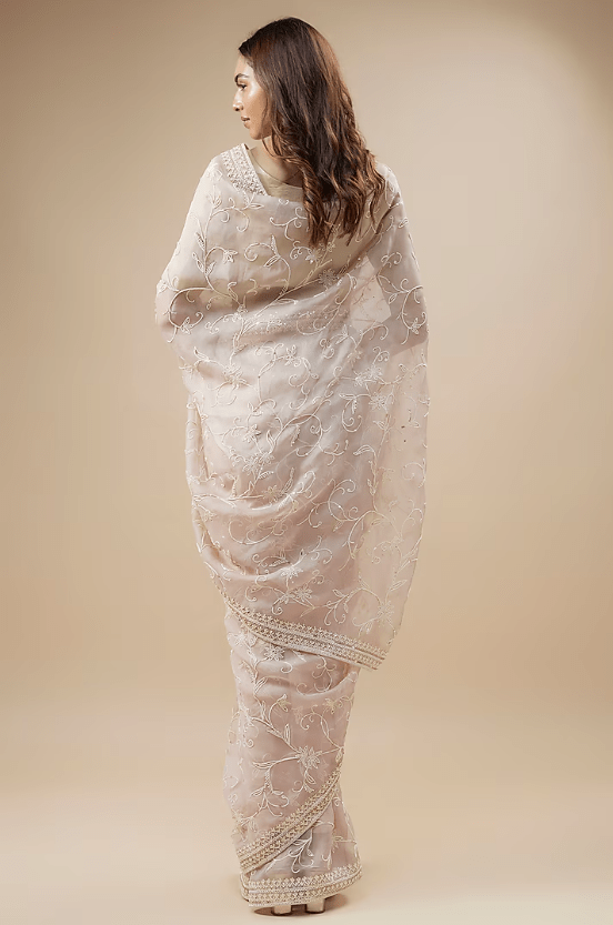 Powder Pink Organza Pearl Hand Embroidered Saree Set - Image 2