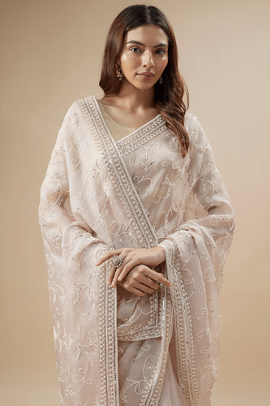 Powder Pink Organza Pearl Hand Embroidered Saree Set - Image 3