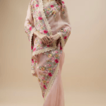 Peach Organza Thread Hand & Machine Embroidered Saree Set