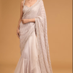 Ivory Chiffon Sequins Embroidered Ruffled Saree Set