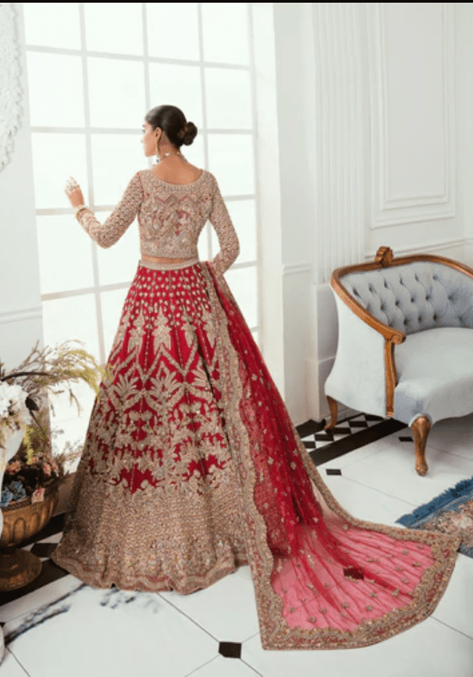 Embroidered Designer Red Indian Bridal Lehenga - Image 3