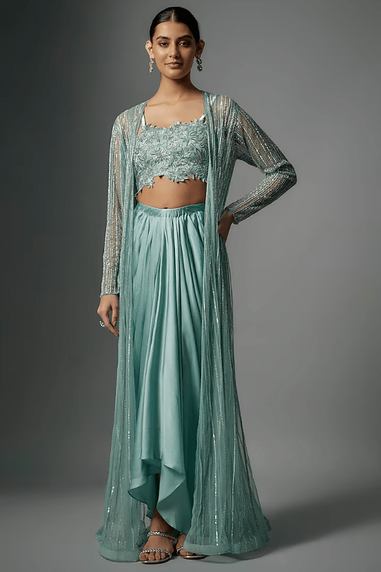 Powder Blue Organza Embroidered Jacket Set
