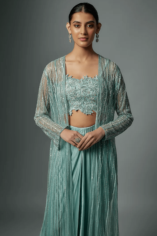 Powder Blue Organza Embroidered Jacket Set - Image 4
